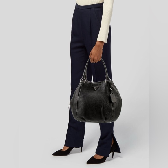 Prada Handbags - Prada Cervo Black Leather Hobo Bag with Dual Handles